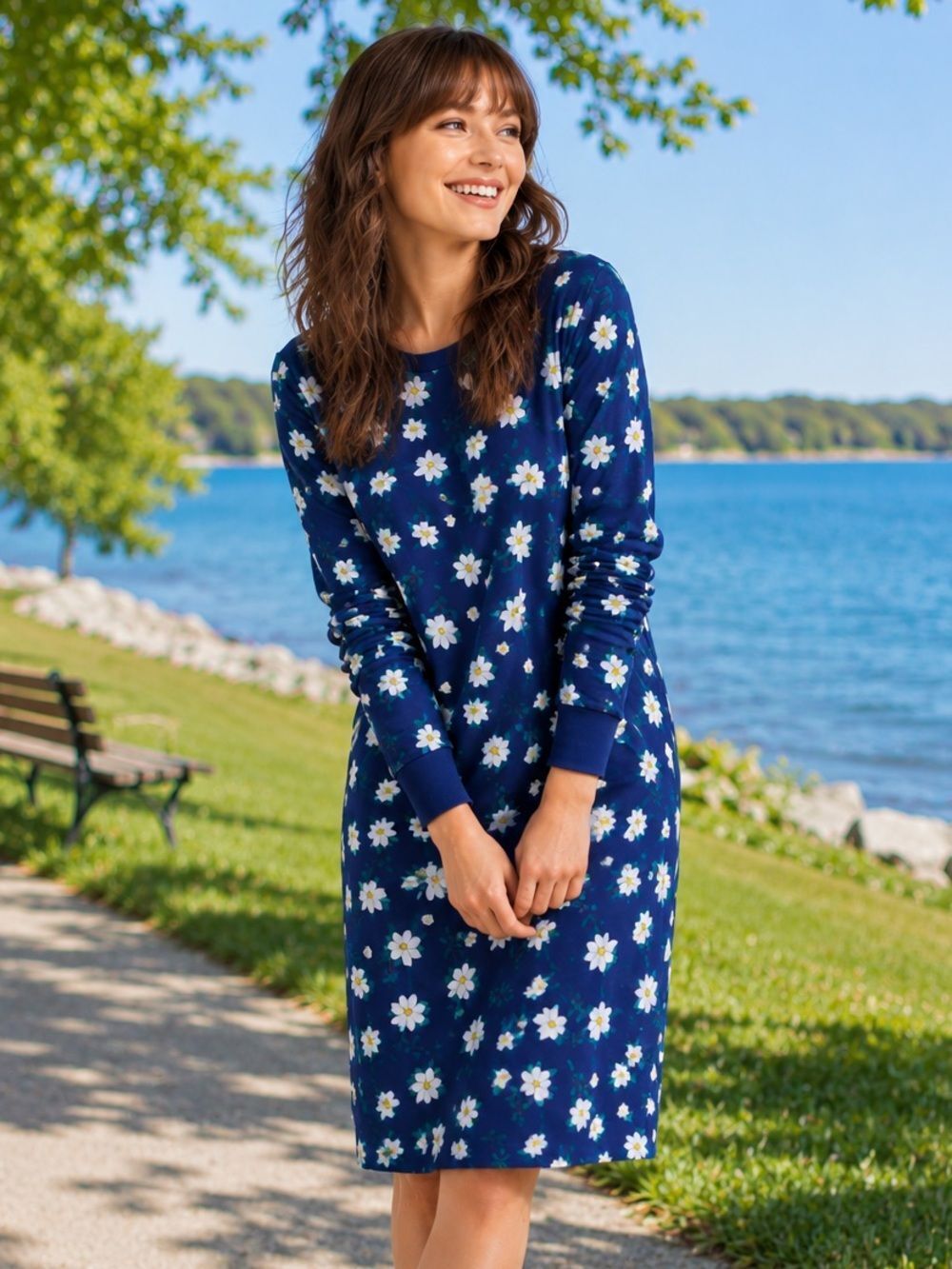 Draper James Magnolia Floral Cotton Sweatshirt Midi Dress Blue White 1X Plus